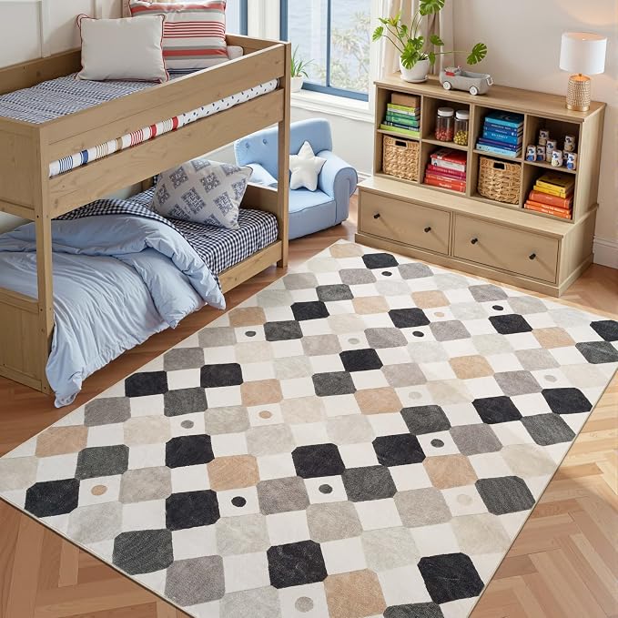 jinchan 6x9 Washable Kids Rug Classroom Rug Playroom Mat Marble | Soft, Non-Slip, Cute, Kid-Friendly, Checkered Diamond, Black White on Cream, Nursery, Living Room, Bedroom, Dorm, Daycare