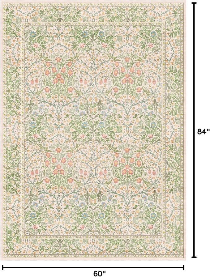 Beige Green Bedroom Rug 5x7 Area Rug for Living Room, Vintage Washable Floral Rugs for Nursery, Dining Room, Light Green Non Slip Stain Resistance Distressed Retro Low Pile Floor Mat Indoor