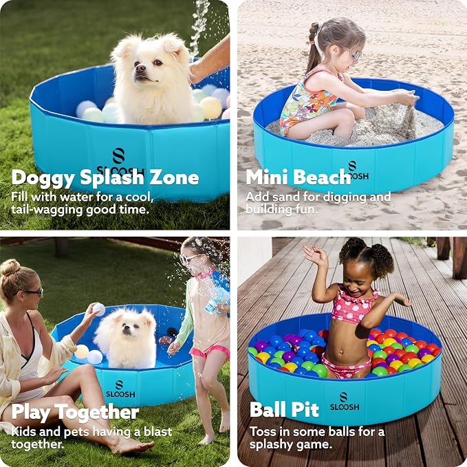Sloosh Foldable Dog Kiddie Pool - Portable Hard Plastic Doggie Swimming Pool, Anti-Slip Collapsible Pets Bath Tub Suitable for Kids Indoor Outdoor Backyard Use (Blue, 32" x 8")