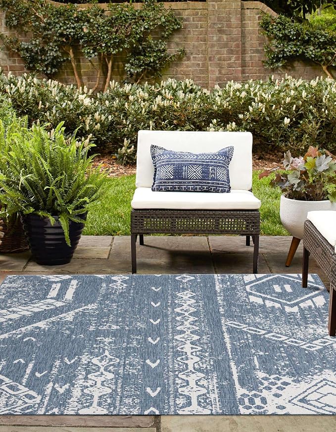 Unique Loom Outdoor Bohemian Collection Area Rug - Anthro (10' Square Blue/Ivory)