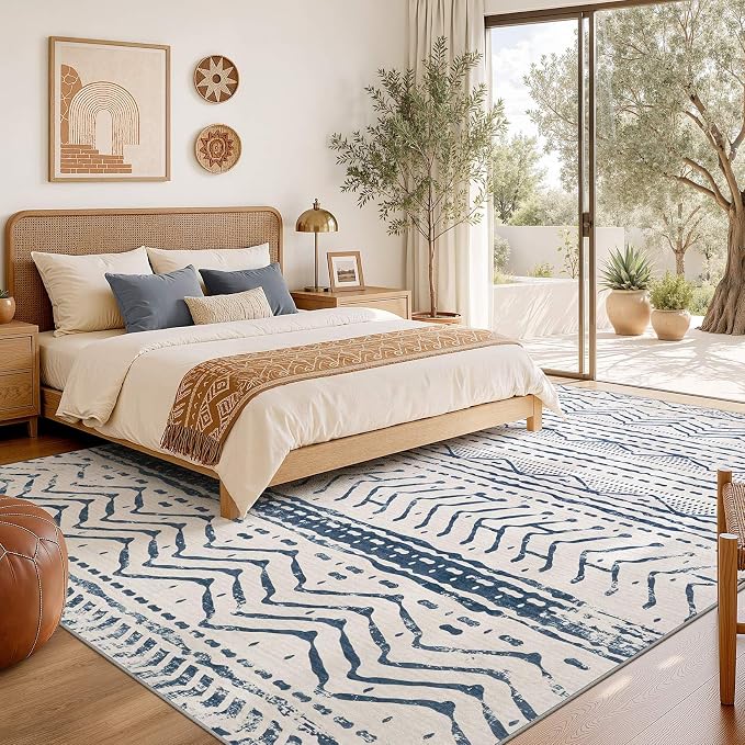 Nakagishi Boho 5x7 Area Rug Living Room Rugs Machine Washable Navy Blue | Soft, Pet & Kid Friendly, Carpet for Living Room/Bedroom/Office/Kitchen/Nursery, Daily Home Decor Stain Resistant Moroccan