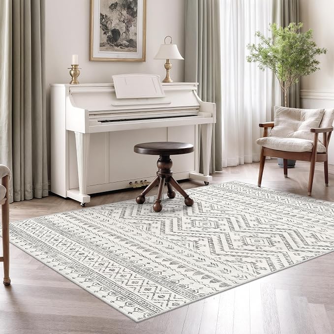 Miukiki 3x5 Washable Area Rug Moroccan Soft Non Slip Entryway Rug Grey | Machine Washable 3x5 Rug for Bedroom Kitchen Living Room, Low Pile Indoor Floor Carpet with Vintage Pattern