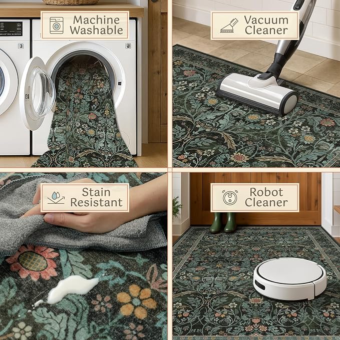 3x5 Washable Area Rugs for Entryway Indoor, Large Kitchen, Low Pile Rugs for Mudroom Bedroom Laundry Room Floor Mat Non Slip Stain Resistant, Dark Green Moody Carpet