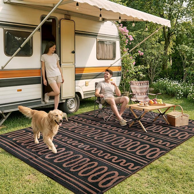 Beeiva Outdoor Rug 8x10 Waterproof for Patio, Reversible Plastic Straw Rug for Deck, Backyard, RV Camping, Black Brown