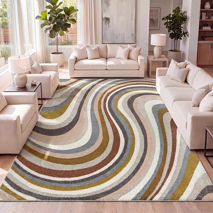 JONATHAN Y Flow Abstract Swirl Indoor Area Rug 4x6, Red/Beige/Blue, Modern, Coastal, Easy-Cleaning for Living Room, Bedroom, Kitchen, Pet Friendly, Non-Shedding (DZC100B-4)