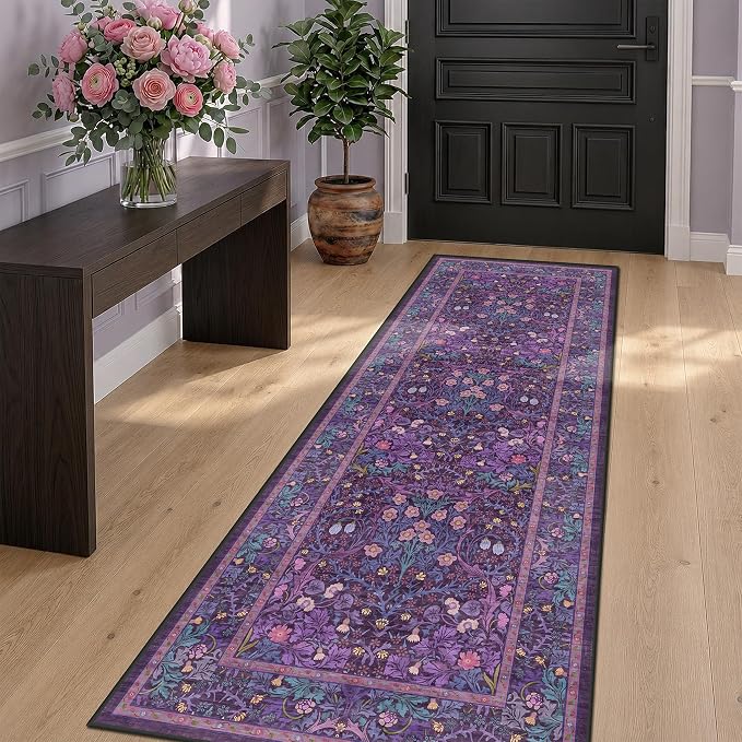 Washable Plum Purple Runner Rug 2x6 - Boho Rug Runner for Bathroom, Kitchen, Indoor Entryway, Low Pile Violet Carpet for Bedroom Bedside, Laundry Room, Hallway Mats for Floor, Stain Resistant