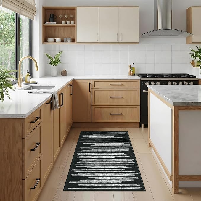 GarveeHome Black 2x3 Small Area Rug for Entryway Machine Washable Non Slip | Modern Striped Soft Bedroom Carpet Geometric Stain Resistant Low Pile Doormat for Kitchen Hallway Laundry Room
