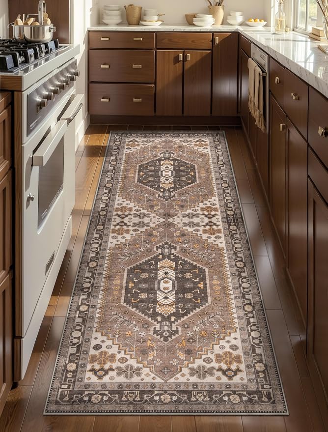 Ciicool Washable Non Slip Runner Rug,2x6ft Vintage Hallway Kitchen Rugs | Soft Oriental Indoor Hazel Boho Entry Carpet for Entrance Bedroom Bedside Living Room Laundry Bathroom Decor