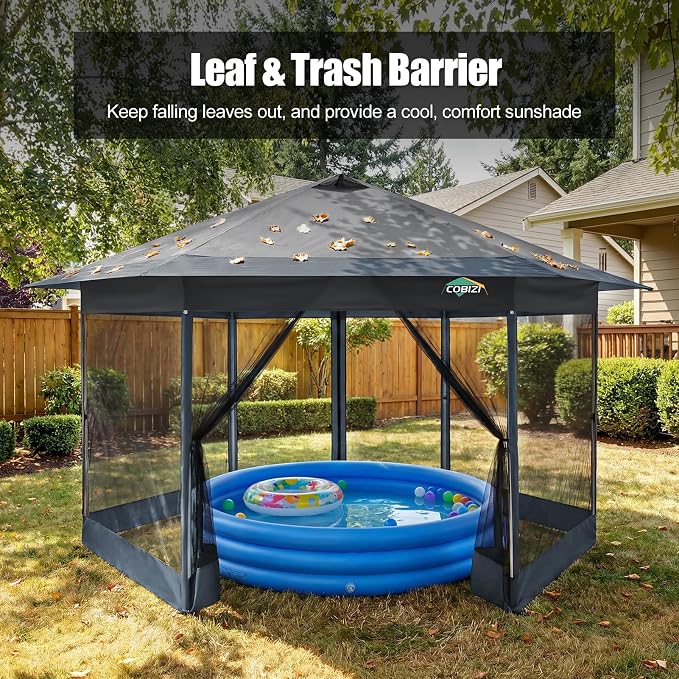 COBIZI 14x14 Pop Up Gazebo Tent with Mosquito Netting, Gazebos on Clearance, Hexagonal Outdoor Canopy Shelter, Patented Center Lock 6-Sided Portable Gazebos, Pop Up Canopy Tent for Backyard, Gray