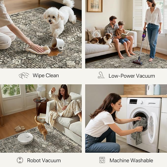 2.5x6 Kitchen Runner Rug, Washable Non Slip, Beige Brown | Vintage Floral Design, Spill Resistant Lightweight Low Pile Carpet for Hallway, Bedroom, Laundry Room, Bathroom