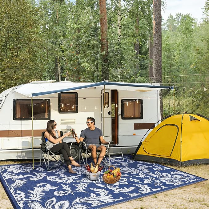 IDEALHOUSE Waterproof Outdoor Rug 8x10 for Patio, Foldable Reversible Area Rug, Large Plastic Straw Mat for Camping, RV, Porch, Backyard, Picnic, Beach, Blue & White