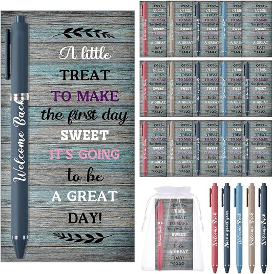 Marspark 30 Set Rustic Wood Welcome Back to School Gifts Bulk Ballpoint Pens and Greeting Cards Set with Bags Twist Ties First Day of School Gifts for Teacher Student Classroom Party Favors Supplies