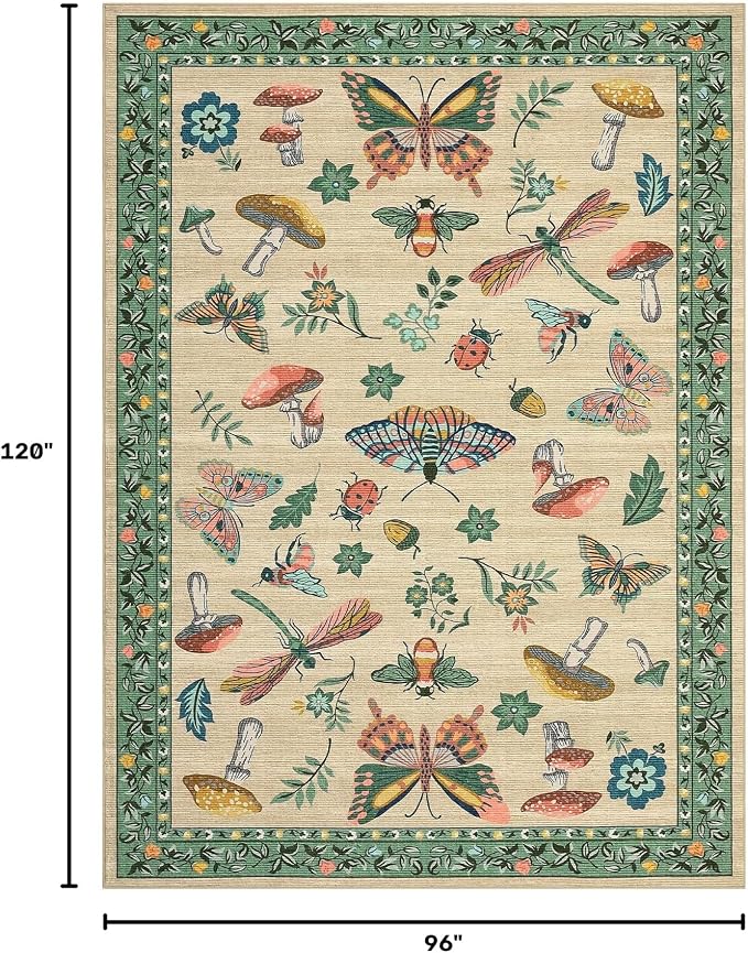 Mushroom Insect 8x10 Area Rugs, Washable Rugs for Living Room Non Slip Stain Resistant Low Pile Modern Butterfly Carpet for Bedroom Dining Room Nursery Playroom Office, Khaki Green
