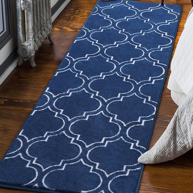 Chicrug 2x6 Shag Geometric Modern Runner Rug for Bedroom Hallway | Memory Foam Indoor Runner Carpet, Fluffy Rug for Living Room Bedside Room for Family, Navy and White