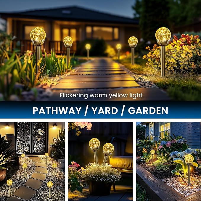SOLPEX Solar Garden Lights String, 6 Pack Outdoor Christmas Decoration Warm White Solar Powered Cracked Glass Ball Lights, Waterproof for Patio Decoration