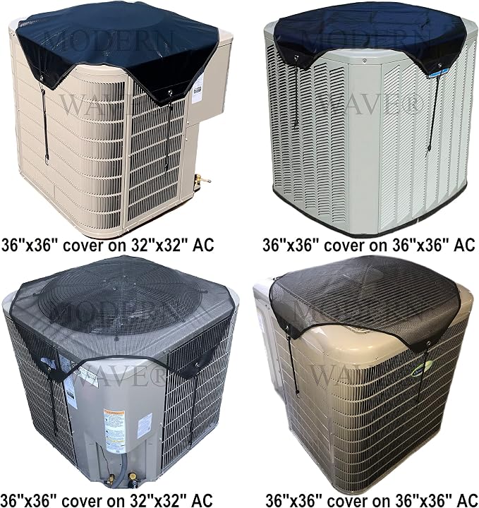 MODERN WAVE - 2 (Two) Central Air Conditioner Covers for Outside Units 36 x 36 inch - 1 (One) Top Universal Mesh Cover and 1 (One) Winter Waterproof Outdoor AC Defender Cover (Black, 36" x 36")