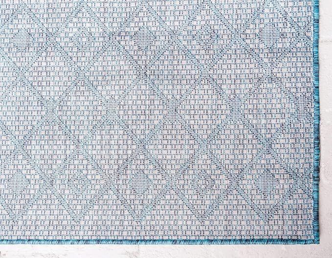 Unique Loom Outdoor Trellis Collection Area Rug - Tribal Trellis (10' x 14' 1" Rectangle, Teal/ Ivory)