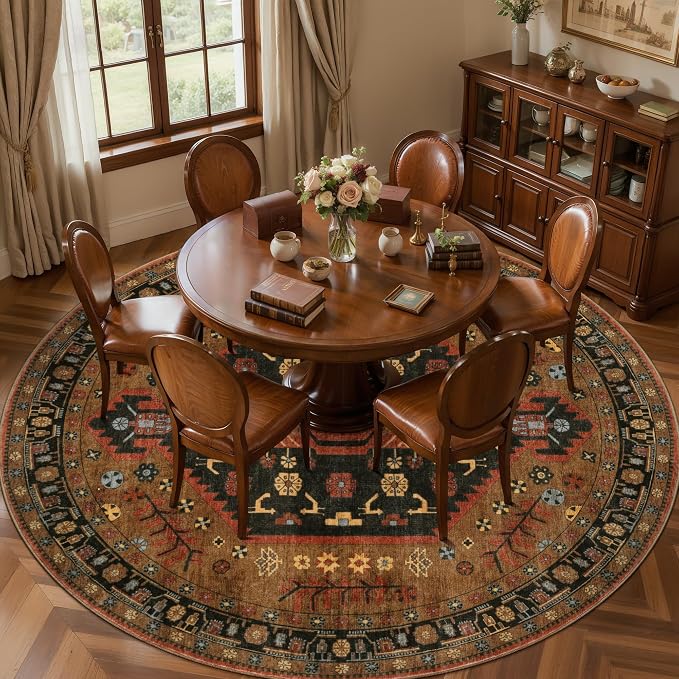 Ciicool 8ft Round Area Rugs for Living Room,Soft Circle Carpet for Bedroom | Large Oriental Low-Pile Vintage Non-Slip Indoor Mat for Kitchen Entryway Bedside Laundry Bathroom Dining Room Foyer Decor