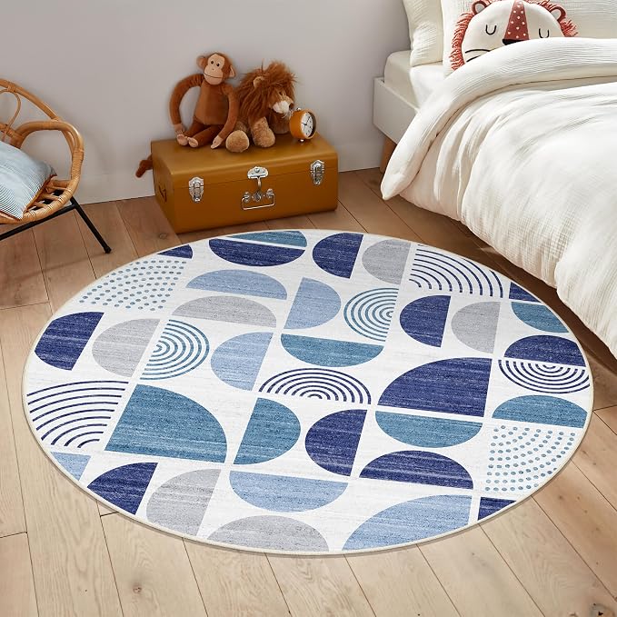 Round Rugs 5ft,Circle Area Rug Washable Non Slip Modern Abstract | Circular Rugs for Bedroom Living Room Dining Room Boho Throw Carpet Soft Low Pile Floor Indoor Bohemian Navy Blue