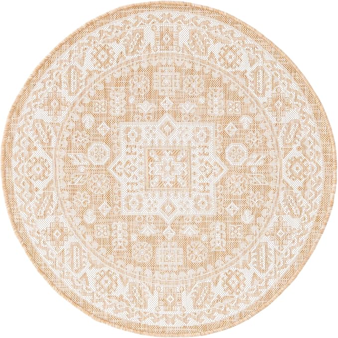 Unique Loom Outdoor Aztec Collection Area Rug - Chalca (3' 3" Round, Natural/ Ivory)