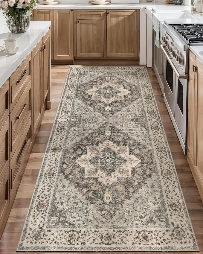 Tangsoo 2x6 Washable Runner Rugs for Hallway, Vintage Non Slip Rug Runners | Farmhouse Soft Low Pile Rug, Boho Print Carpet Runners for Kitchen Bedroom Entryway Bathroom Living Room Grey/Multi Decor