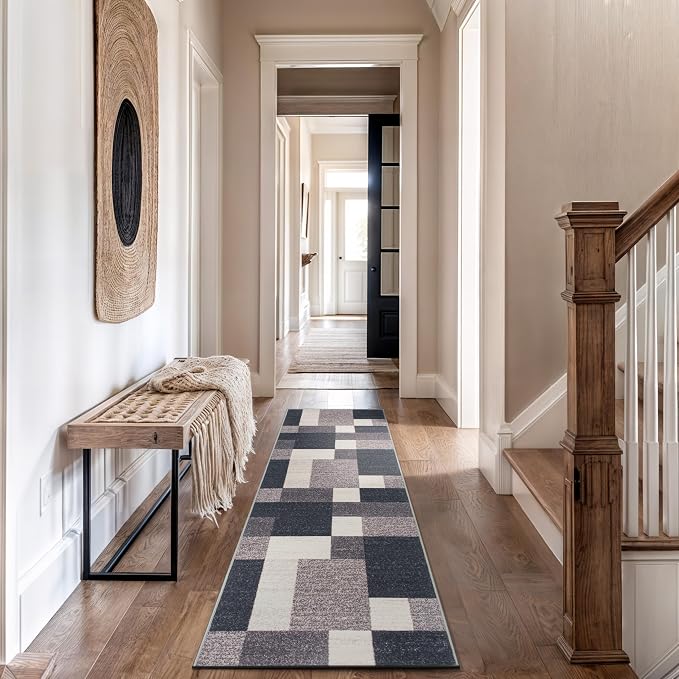 Rugshop Modern Boxes Non-Slip Living Room Bedroom Runner Rug Gray 2' x 7' | Rectangular, Size 2' X 7', Dining Room, Home Office, Kitchen, Entryway, Hallway, Nursery, Kids Room, Guest Room