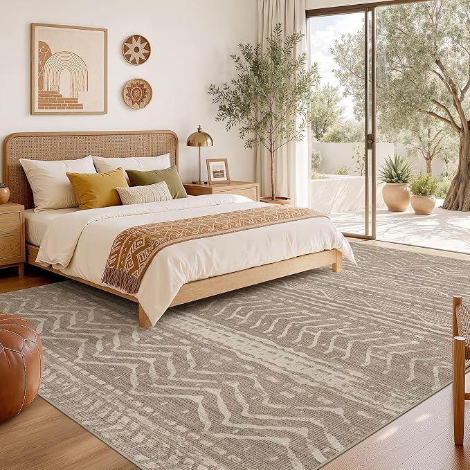 Nakagishi Boho 9x12 Area Rug Living Room Rugs Machine Washable Dark Brown | Soft, Pet & Kid Friendly, Carpet for Living Room/Bedroom/Office/Kitchen/Nursery, Daily Home Decor Stain Resistant Moroccan