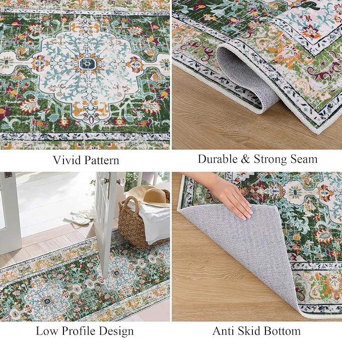 U'Artlines 2.6' x 14' Extra Long Boho Hallway Runner Rug, Green | Non Slip Washable Vintage Farmhouse Accent Area Rug Carpet for Kitchen Entryway Laundry and Living Room
