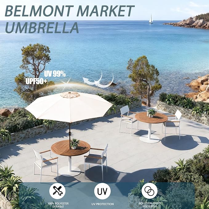 9FT Large Outdoor Patio Umbrella Market Table Umbrella-UV Resistant, Easy Push Button Tilt and Crank, 8 Sturdy Ribs Heavy-Duty Pool Umbrella for Deck,Beige