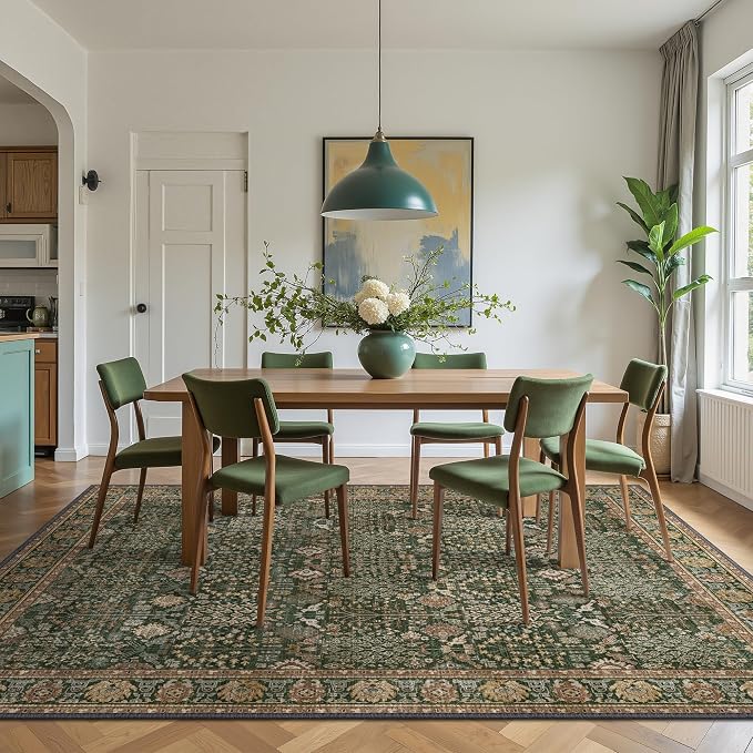 Washable Rugs 8x10 for Living Room, Vintage Floral, Dark Green Brown | Spill Resistant, Lightweight, Low Pile Non-Shedding Carpet for Bedroom, Dining Room and Office