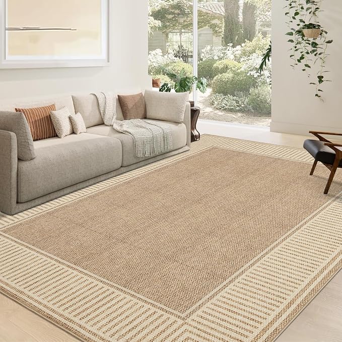 GarveeHome Washable Area Rug 10x13 Modern Bordered Large Living Room Rugs | Bedroom Throw Carpet with Rubber Backing Low Pile Stain Resistant Contemporary Rug for Dining Room Home Office, Khaki