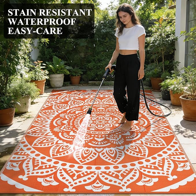 Bsmathom Waterproof Outdoor Rug 9x12ft Orange | Large Reversible, Boho Plastic Straw, Portable RV Mat, For Patio Deck Camping Beach Pool