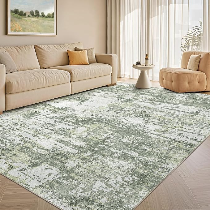 Tortania Washable 5x7 Area Rug for Living Room: Modern Abstract Neutral Large Soft Thin Rugs - Non Slip Indoor Carpet for Bedroom Dining Room Office Nursery Home Floor Decoration - Green
