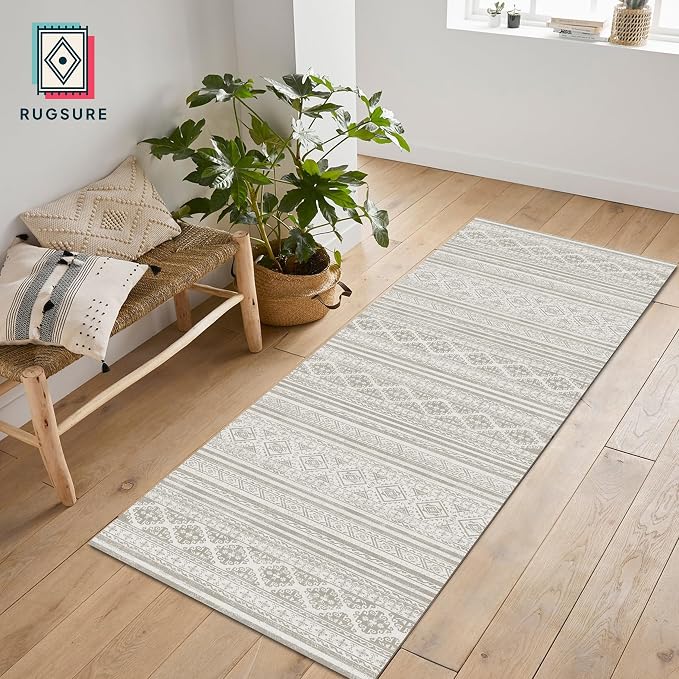 Washable Area Rugs 2'6'' x 8' - 1/6 Thick - Moroccan-Inspired -Stain & Water Resistant Non-Slip - Resistant Rug for Living Room, Bedroom, Nursery, Pet & Child Friendly (Grey)