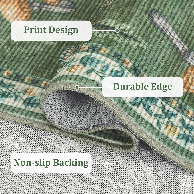 Mushroom Insect 8ft Round Rug Washable Non-Slip Soft Ultra-Thin Large Boho Circle Carpet for Entryway Kitchen Bedroom Nursery Dining Room Green