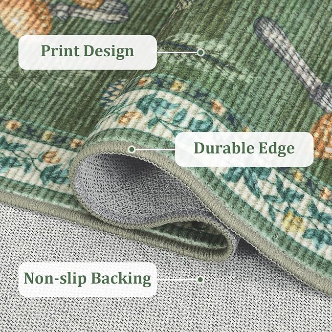 Mushroom Insect 3ft Round Rug Washable Non-Slip Soft Ultra-Thin Small Boho Circle Carpet for Entryway Kitchen Bedroom Nursery Dining Room Green