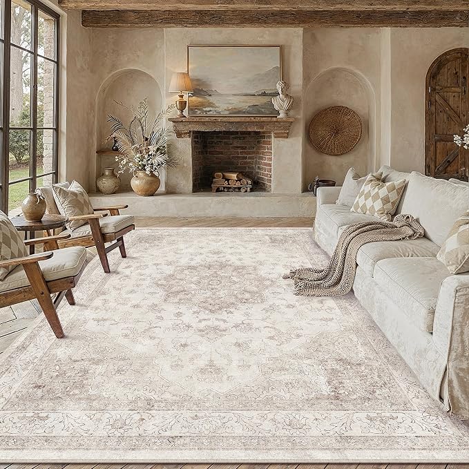 Beige 8x10 Washable Area Rug Vintage Oriental Medallion Carpet | Soft Low Pile, Non Slip, Stain Resistant, Large, Neutral Retro Decor for Living Room, Bedroom, Dining Room, Kids Room