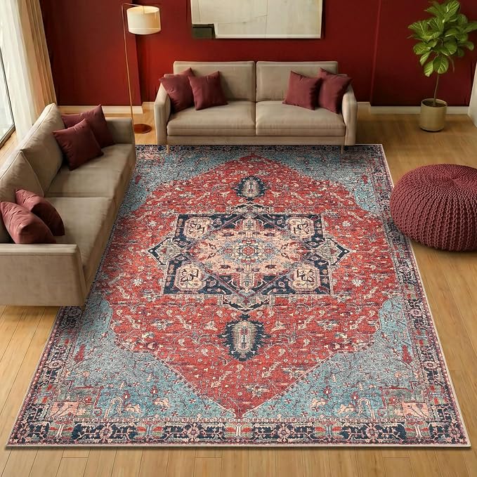 Keen Home Design Vintage Washable Area Rug, Non-Slip Low Pile, 6x9 | Machine Washable Cotton Chenille, 0.25In Low Pile, Rubber Non-Slip Back; Living Room, Dining Room, Bedroom, Office