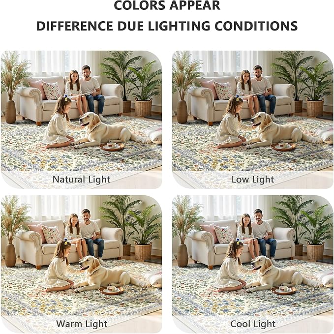 5x7 Area Rugs, Vintage Washable Rug for Bedroom, Indoor Non-Slip Rugs for Living Room, Dining Room, Low Pile Home Decor Floral Rug(Beige Floral)