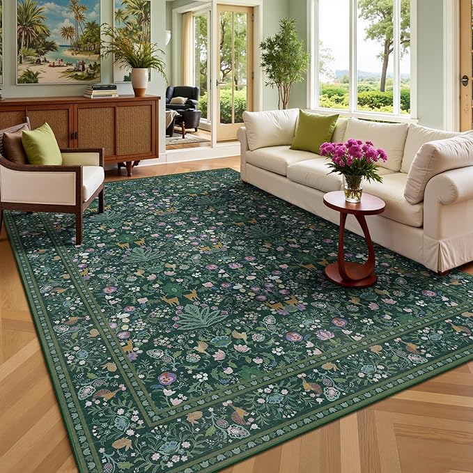 5x7 Area Rugs, Vintage Rugs for Bedroom, Indoor Non-Slip Washable Rug for Living Room, Dining Room, Low Pile Home Decor Floral Rug(Dark Green)