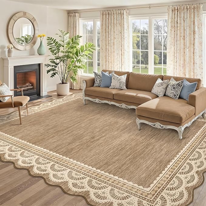 Garvee 9x12 Scalloped Lace Rug for Living Room Washable Soft Rugs Brown | Non Slip Low Pile Rug, Non-Shedding Carpet for Bedroom Playroom Kids Room, Stain Resistant Rugs, Solid Rug for Girls Room