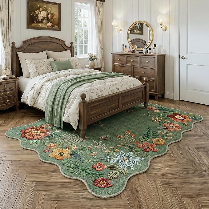 FMFUNCTEX 5x7 Washable Sage Green Floral Scalloped Area Rug for Living Room | Vintage Flower Colorful Traditional Boho Distressed Soft Non Slip Low Pile Large Cottage Indoor Carpet Dining Bedroom Nursery