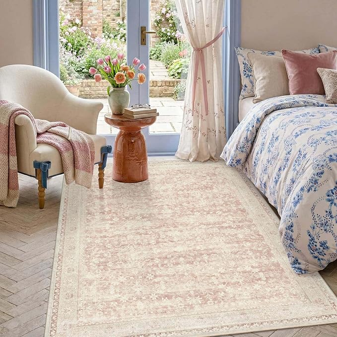 Latte&Fog Pink Rugs for Girls Bedroom, Vintage Washable 4x6 Area Rug | for Living Room Dining Kitchen Kids Playroom Nursery Classroom Dorm Farmhouse Office, Non Slip Low Pile Soft Floral Carpet
