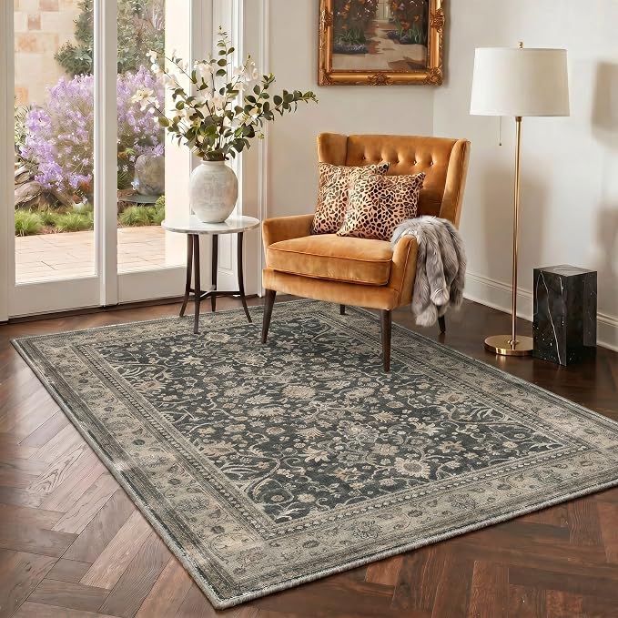 2X5 Washable Hallway Runner Rug, Boho Oriental Floral Non Slip | Dusty Charcoal Floral Runner, Soft Faux Wool Rug for Corridor Kitchen Entryway,Stain Resistant,Pet-Friendly,Non-Shedding