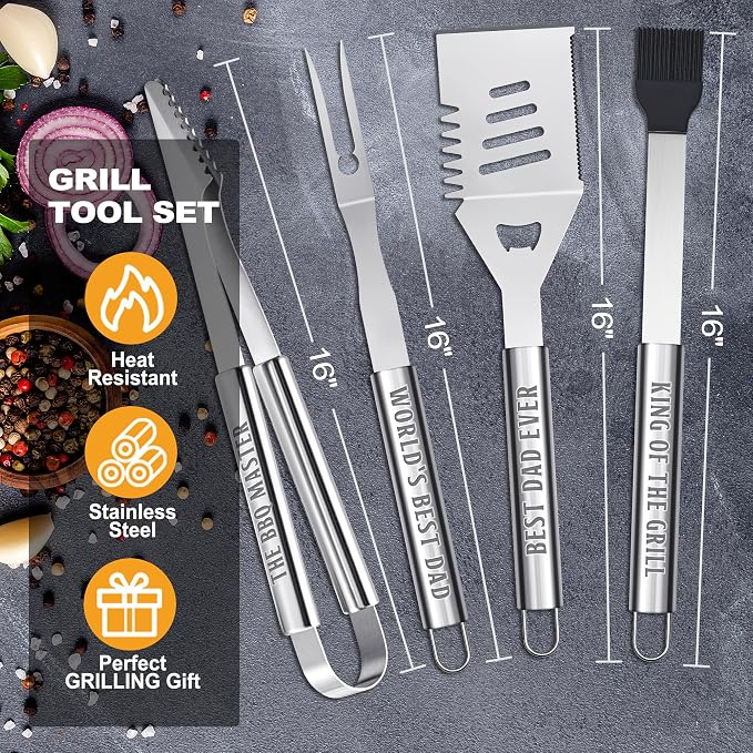 Dad Gifts, Grilling Accessories for Dad Valentines Day, Heavy Duty Stainless Steel Grill Set BBQ Grill Tools for Outdoor Grill with Aluminum Case, Grill Utensils Ideal Grilling Gift