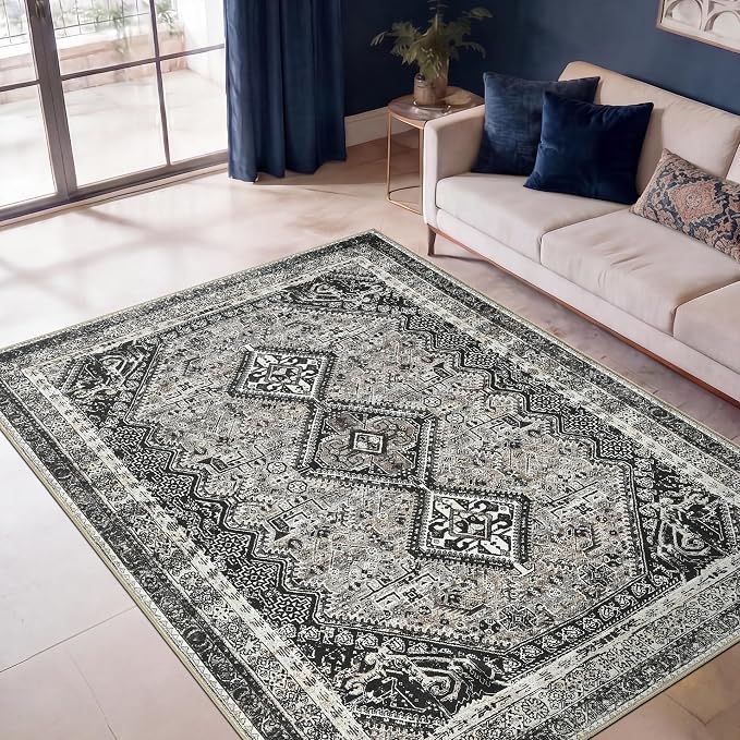 Keen Home Design Vintage Washable Area Rug, Non-Slip Low Pile, 5x7 | Machine Washable Cotton Chenille, 0.25In Low Pile, Rubber Non-Slip Back; Living Room, Bedroom, Dining Room, Office