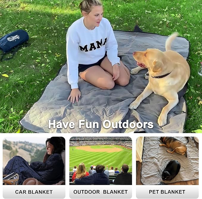 Waterproof Outdoor Blanket 92"x60" Large Quilted Fleece 300GSM Navy | Stadium Blankets for Camping, Packable, Windproof Emergency Throw for Grass Picnic Hiking Road Trip, Machine Washable