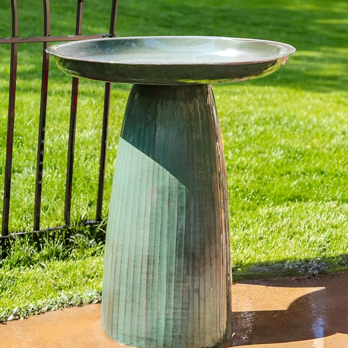 Sunnydaze Gleeful Garden 23" Iron Pedestal Bird Bath for Outside - Modern Shallow Basin Birdbath for Outdoors with UV-Protected Rust-Resistant Finish for Patio, Garden, Yard Decor - Green Glaze