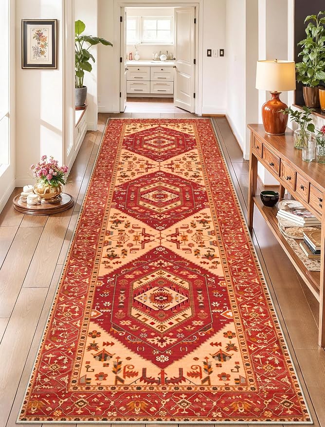 SERISSA 2'6"x10' Washable Non Slip Boho Runner Rug for Hallway，Red | Ultra Soft Vintage Oriental Carpet Low-Pile Tribal Floor Carpet for Kitchen Bedroom Bathroom Laundry Room