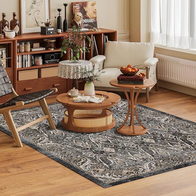 Washable Area Rug 6' x 9' Vintage Traditional Persian Mat - Foldable Distressed Non-Slip Machine Washable Carpet for Living Room Bedroom Kitchen Home Decor - Ebony and Taupe